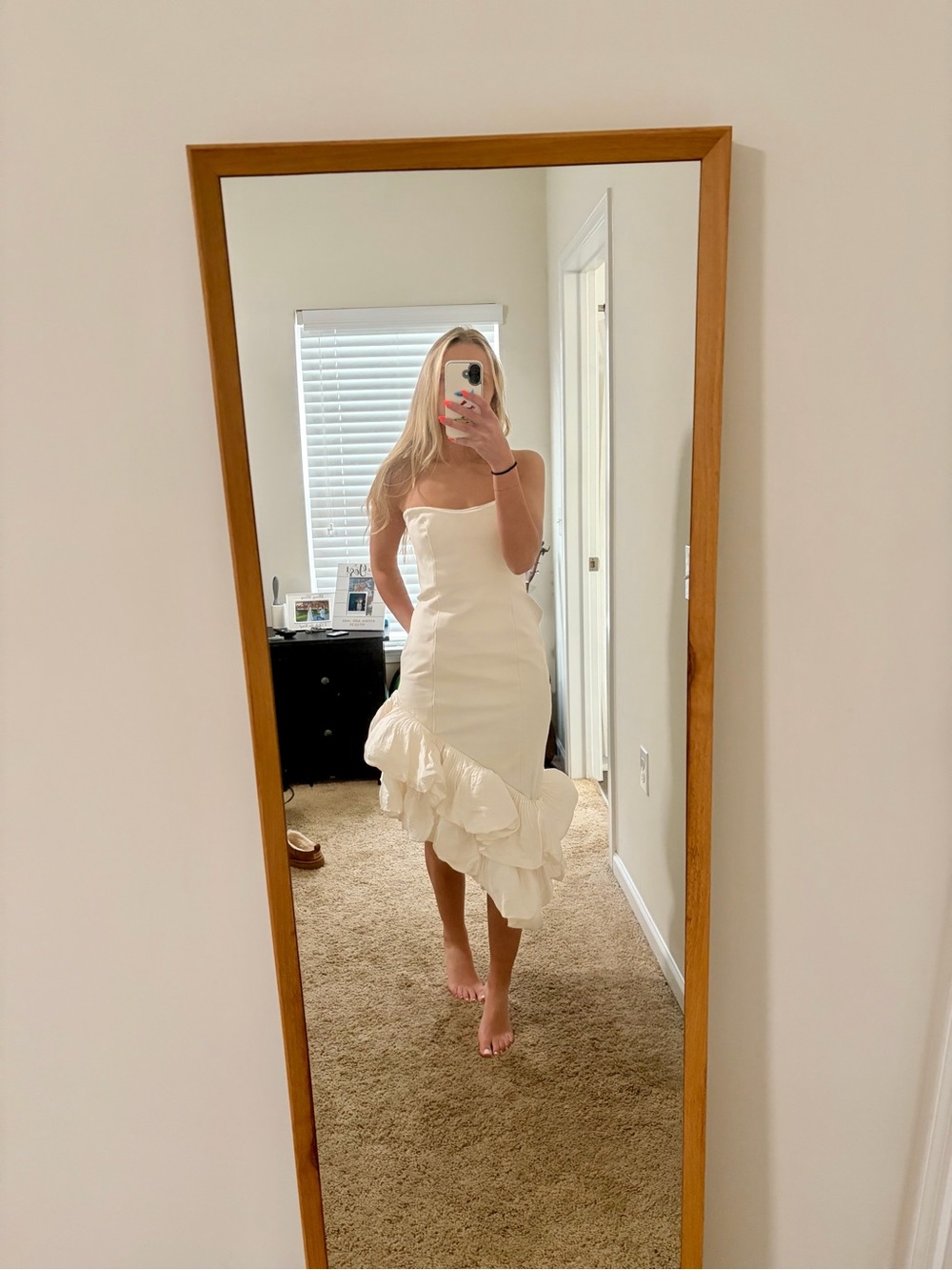 BHLDN Ivory Strapless Midi Dress with Ruffle Hem